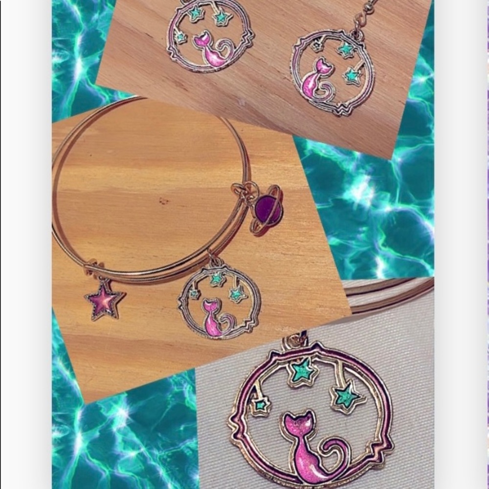 More Colorful Celestial, Moon, Stars, Cat Silhouette Bangle & Earrings SET